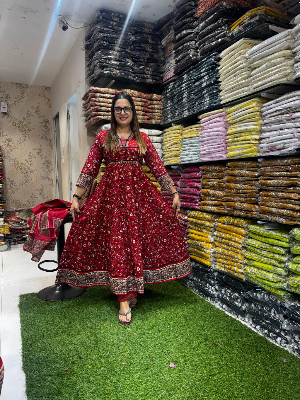 Pure Jaipuri Cotton Maroon Anarkali 3pc Set