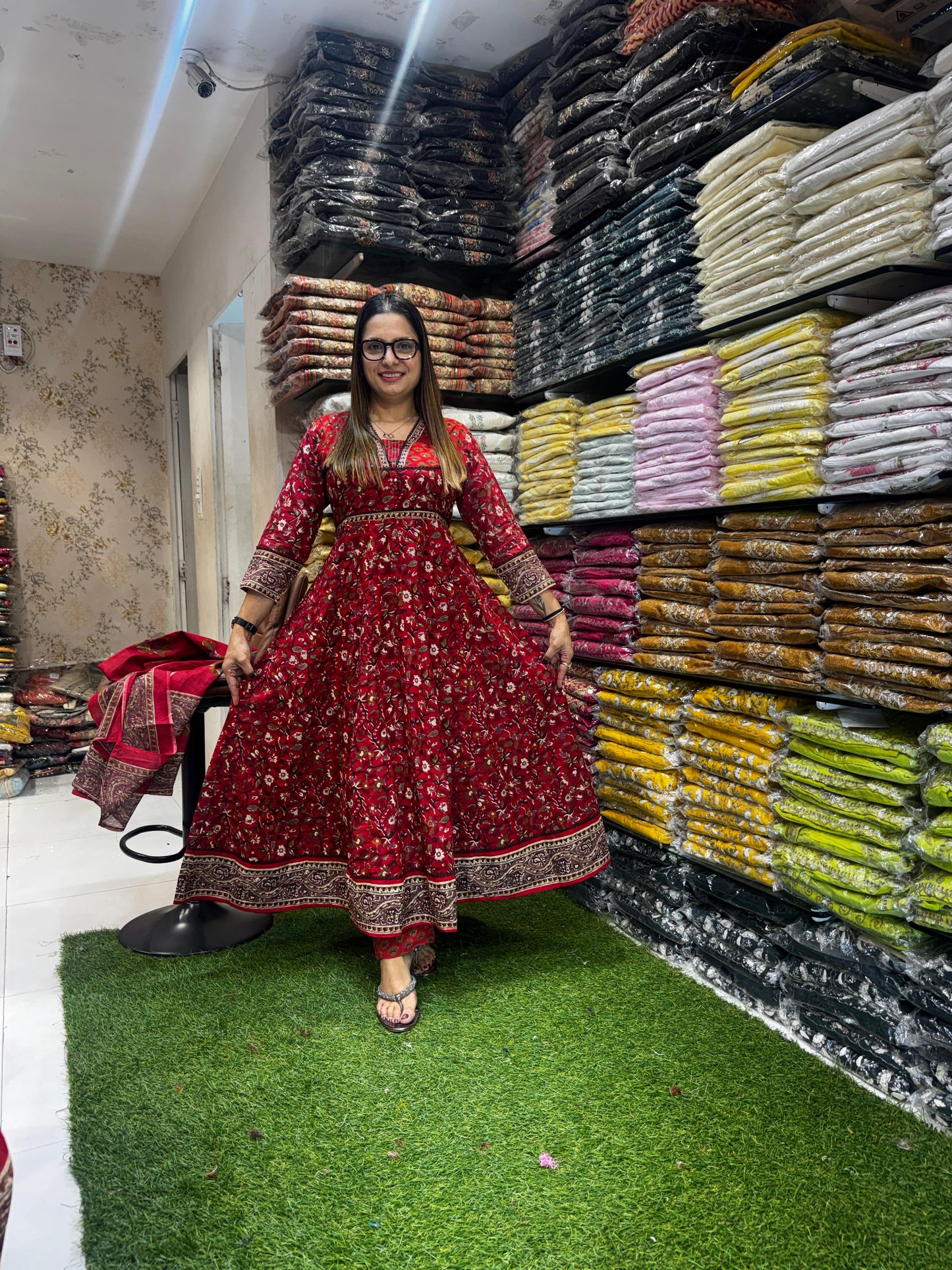 Jaipuri Cotton Red Anarkali 3pc Set