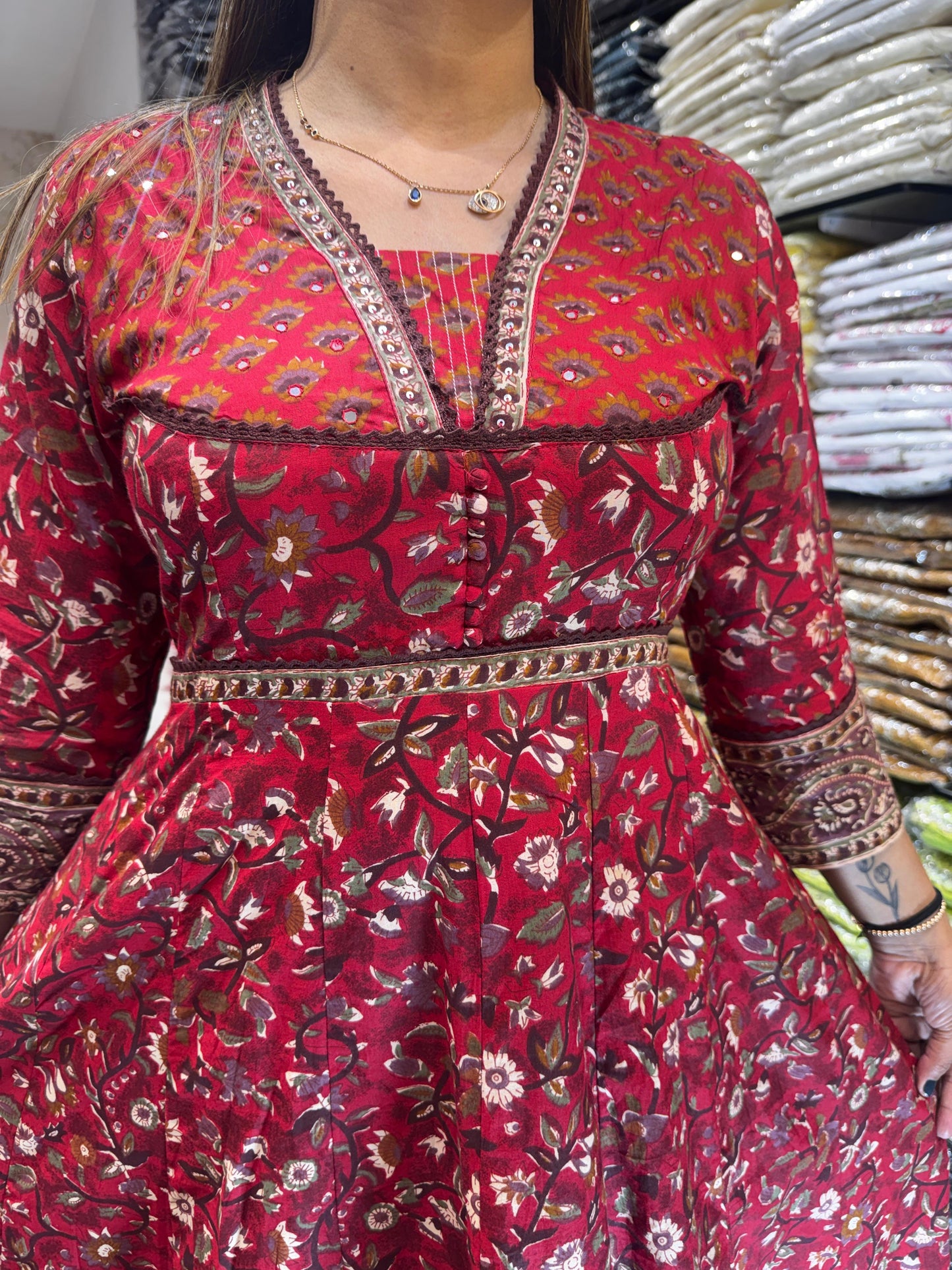 Jaipuri Cotton Red Anarkali 3pc Set