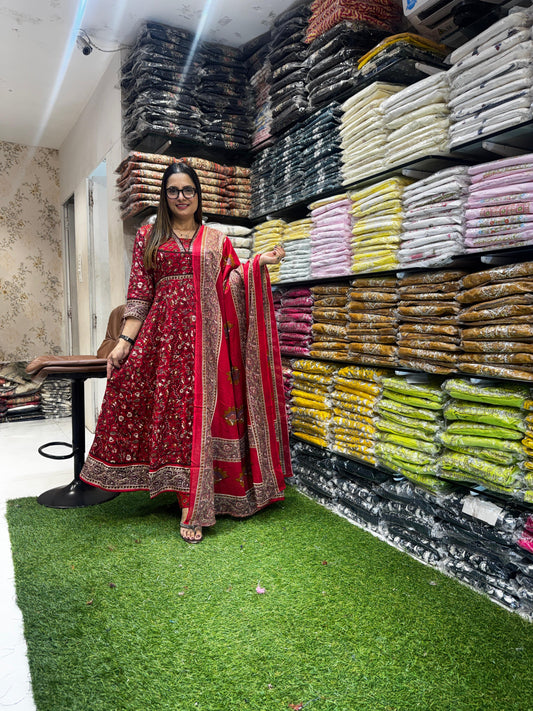 Jaipuri Cotton Red Anarkali 3pc Set