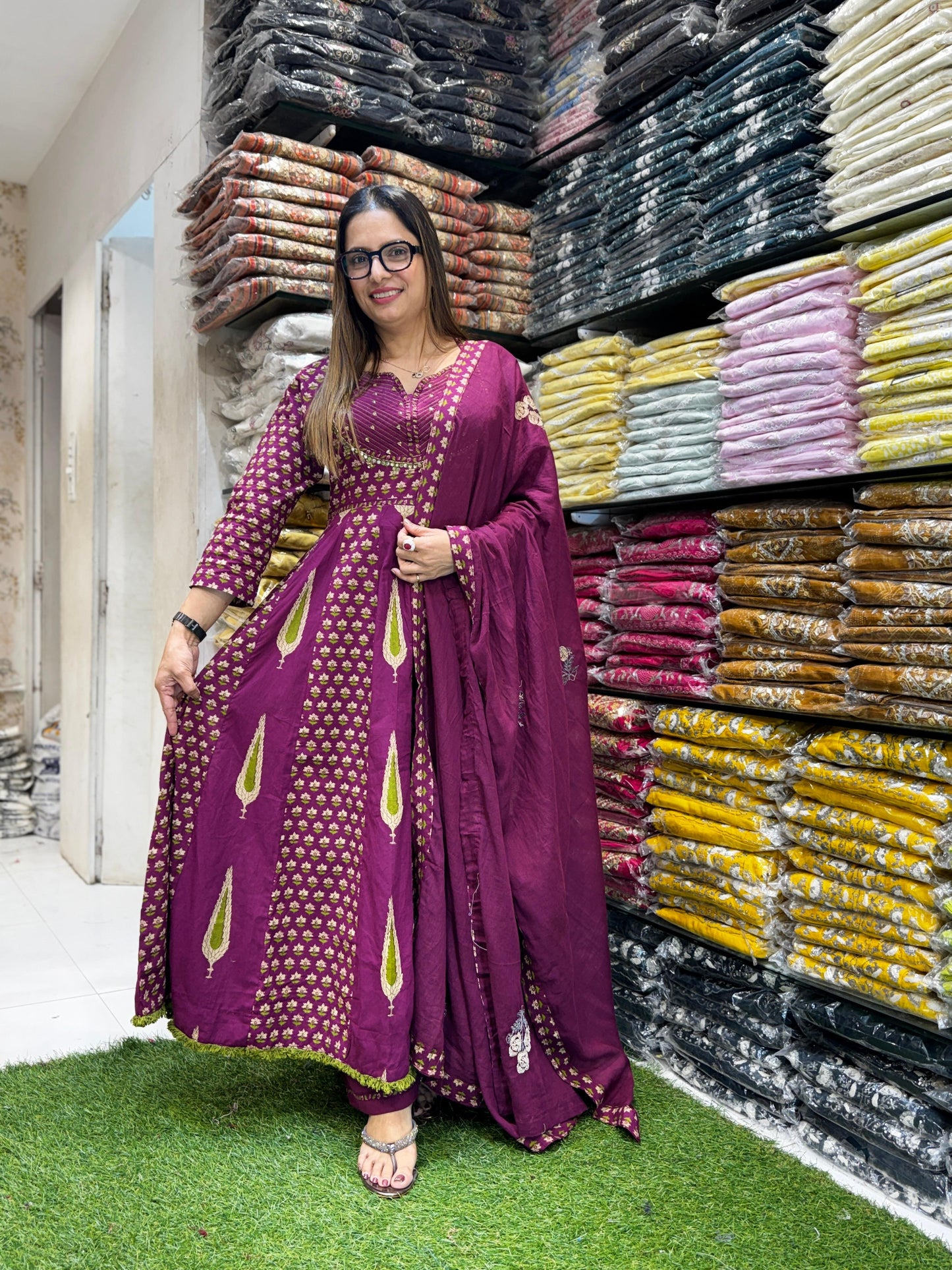 Jaipuri Cotton Purple Anarkali 3pc Set