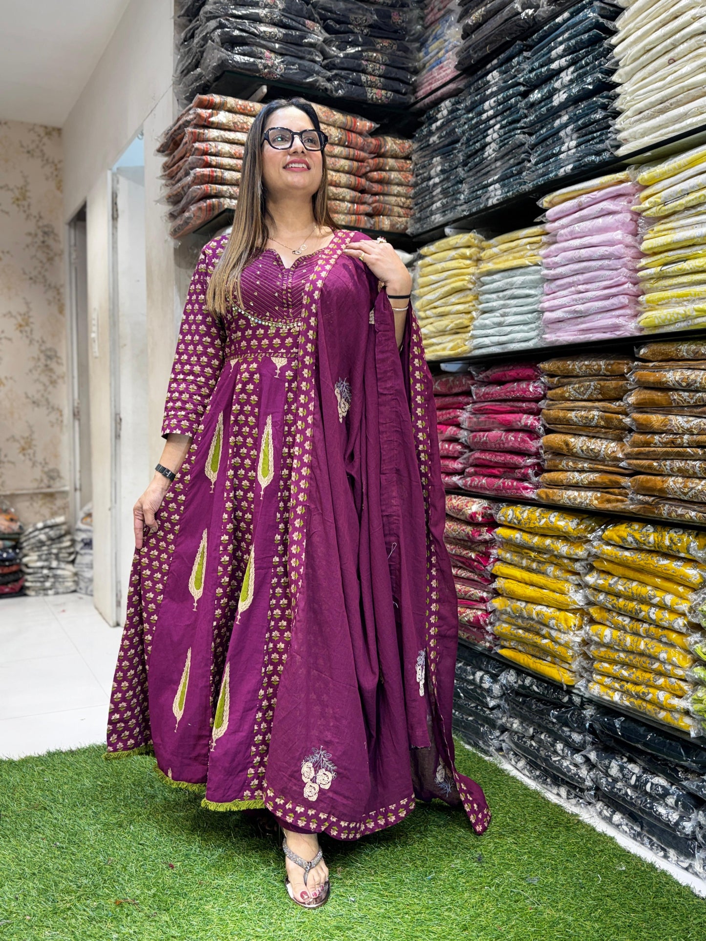 Jaipuri Cotton Purple Anarkali 3pc Set