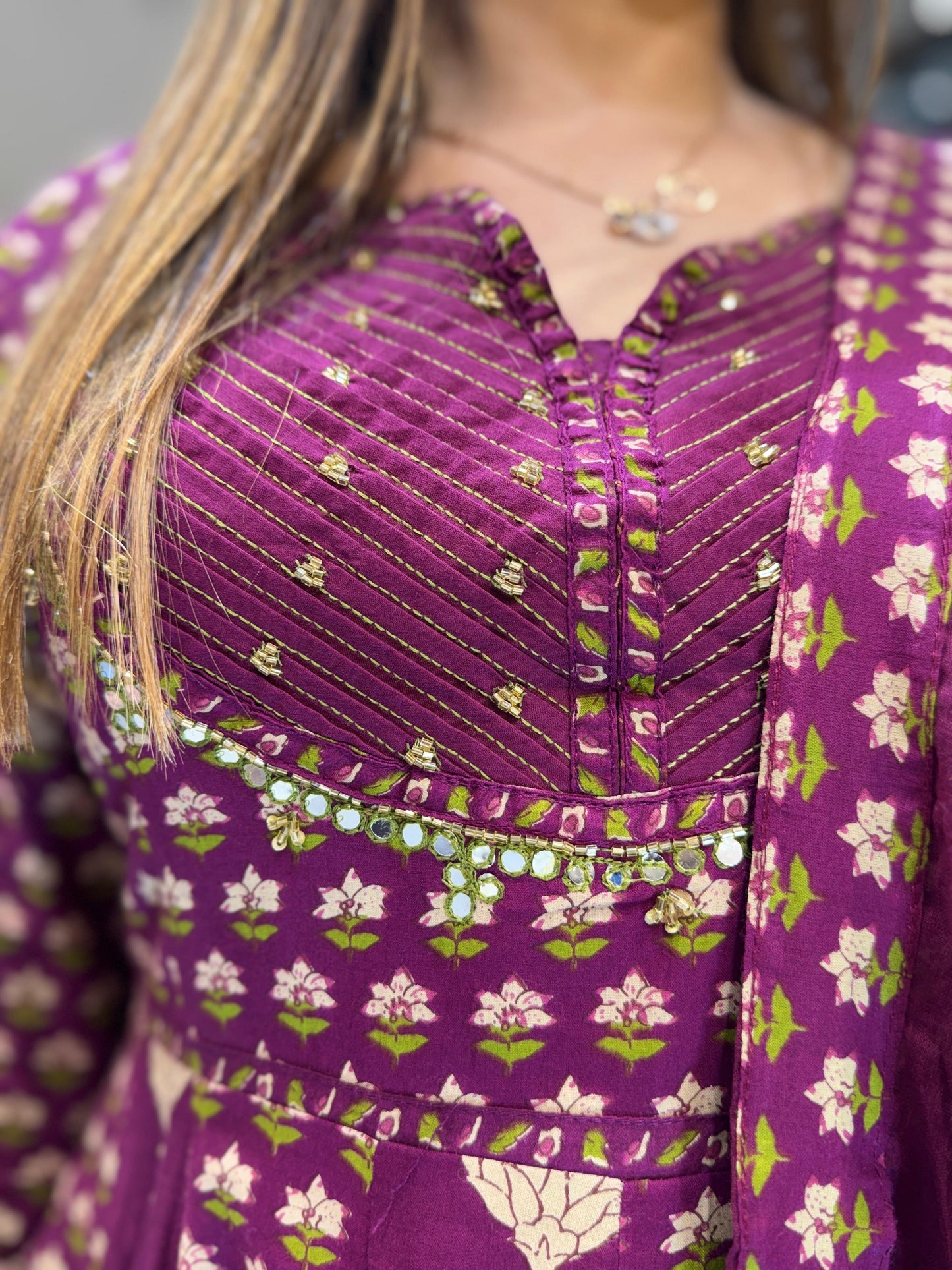 Jaipuri Cotton Purple Anarkali 3pc Set