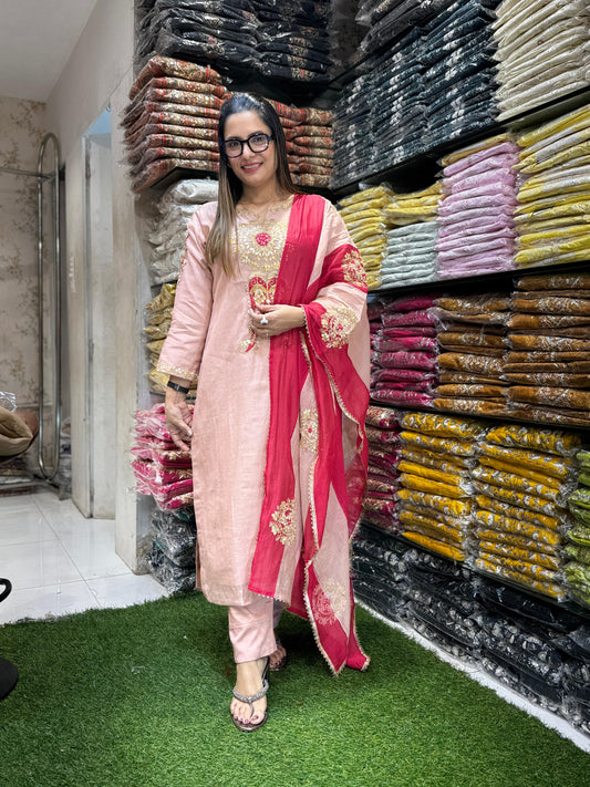 Banaras Mull Chanderi Rose Gold 3pc Set