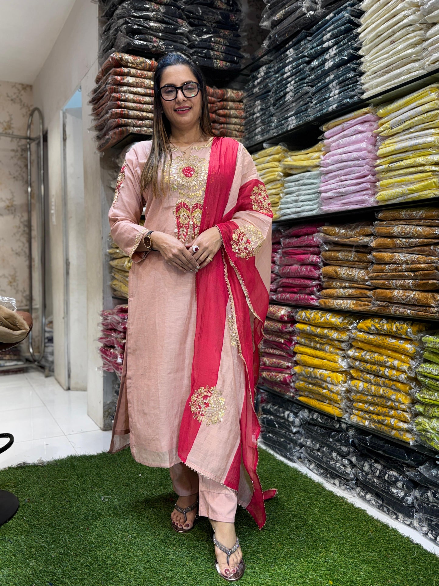 Banaras Mull Chanderi Rose Gold 3pc Set