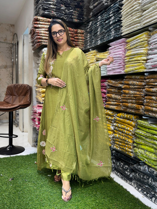 Banaras Mull Chanderi Green 3pc Set