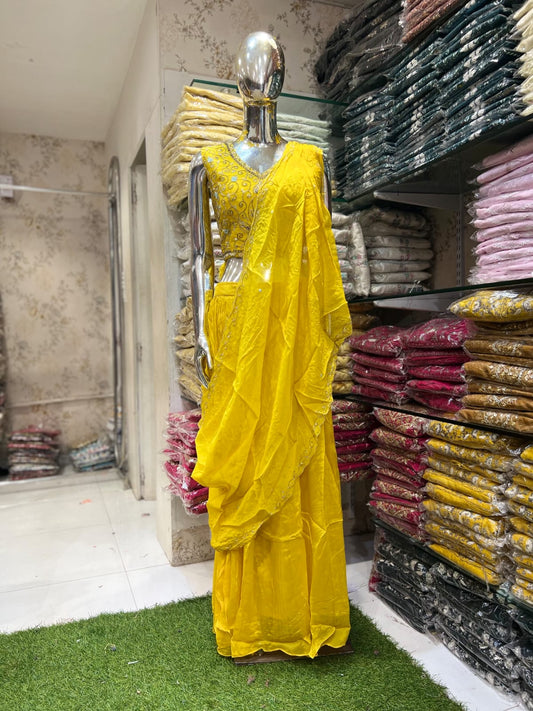 Chinon Yellow Drep Saree