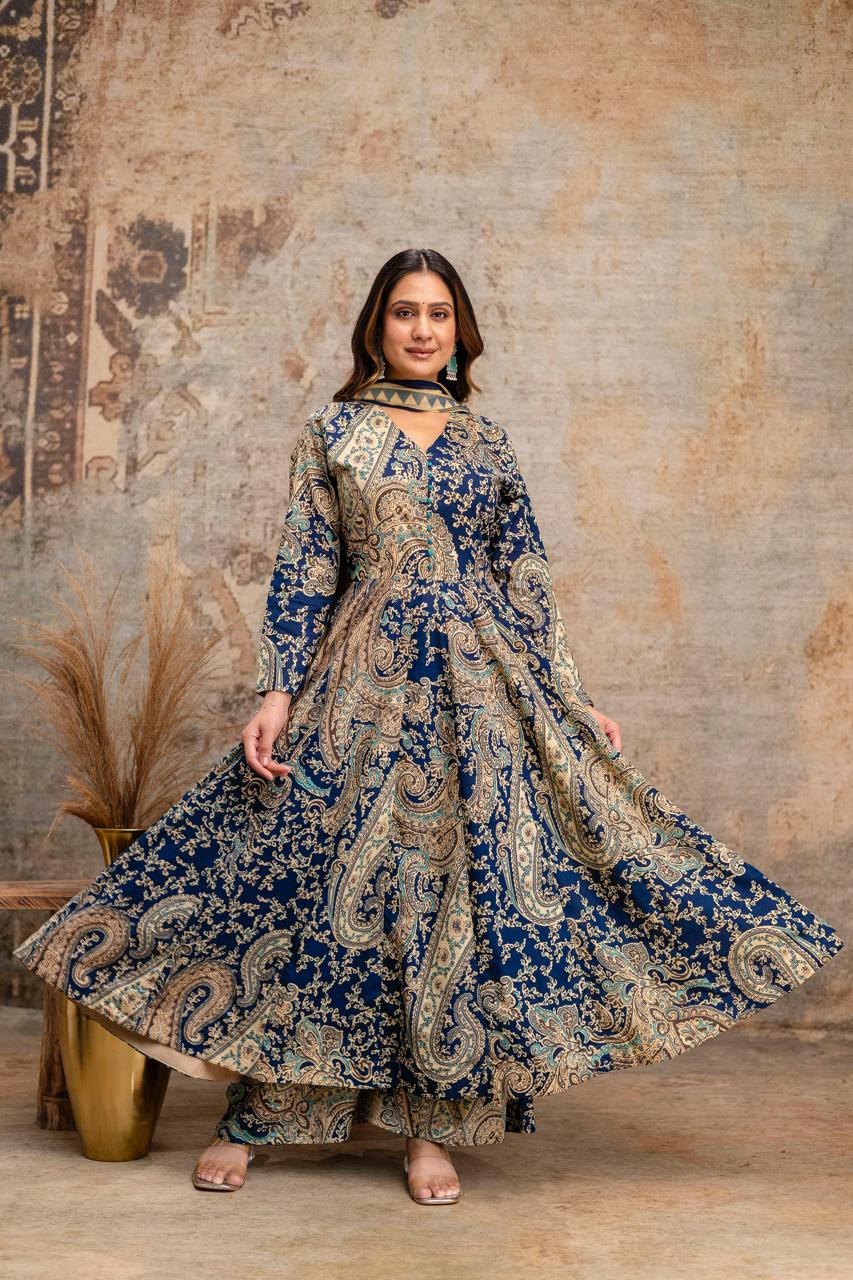 Jaipuri Cotton Anarkali Blue 3pc Set