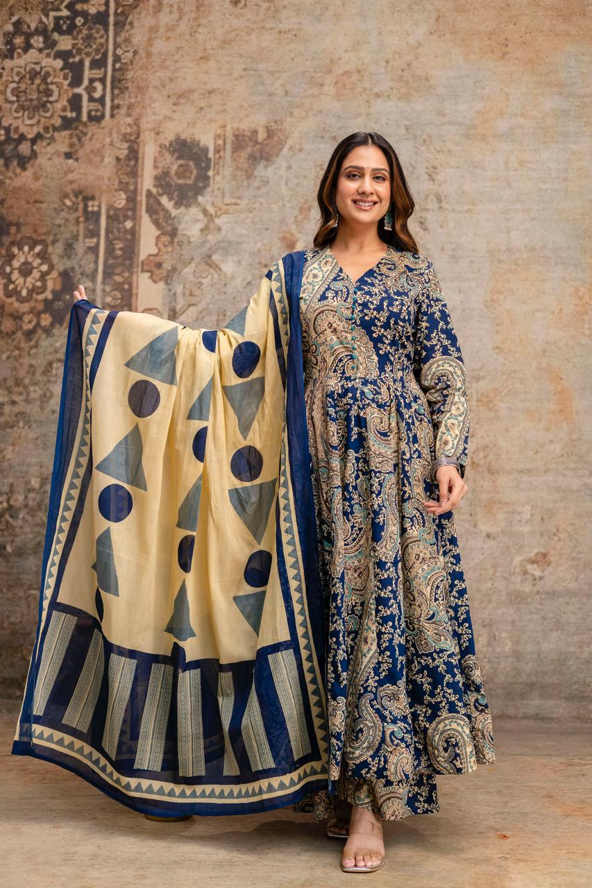 Jaipuri Cotton Anarkali Blue 3pc Set
