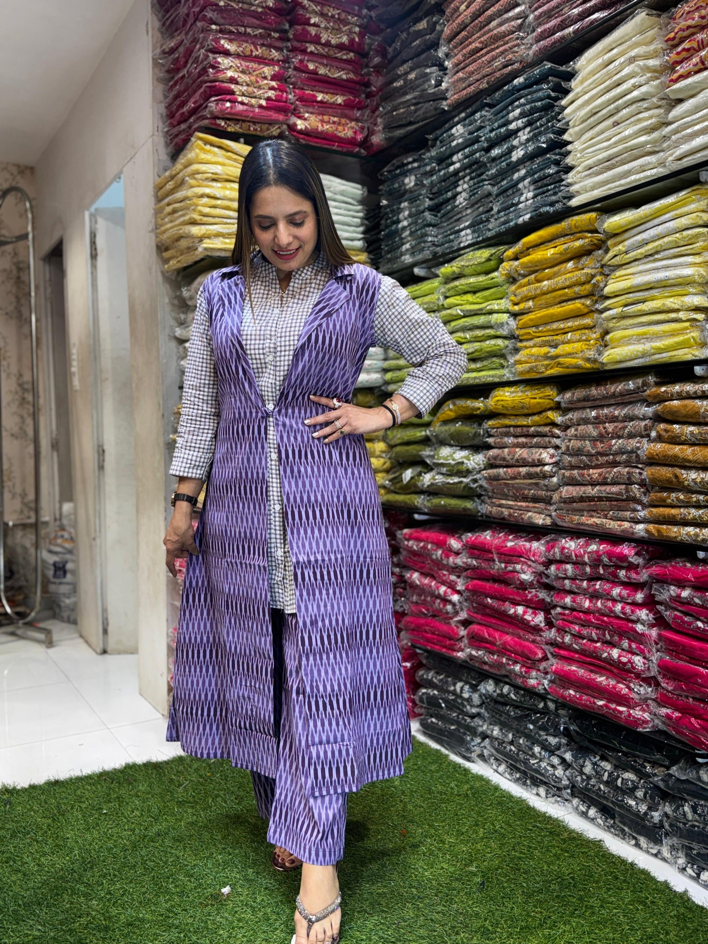 Jaipuri Cotton Purple 3pc Jacket Set