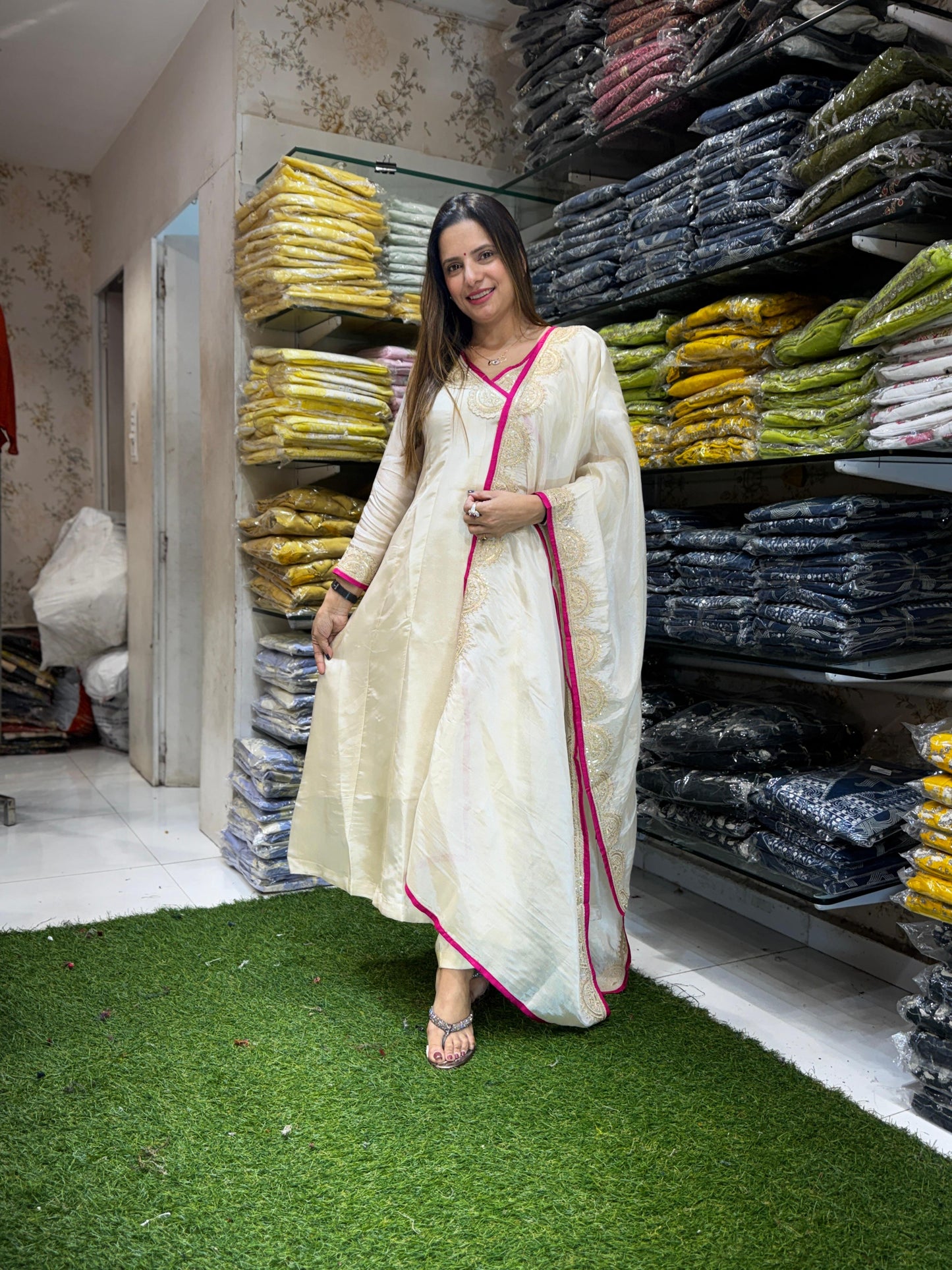 Tissue Anarkali ivory 3pc Set