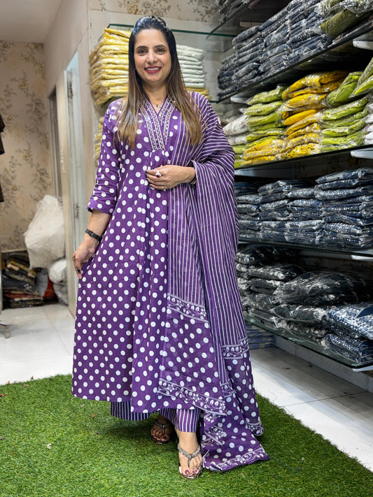 Cotton Purple Anarkali 3pc Set