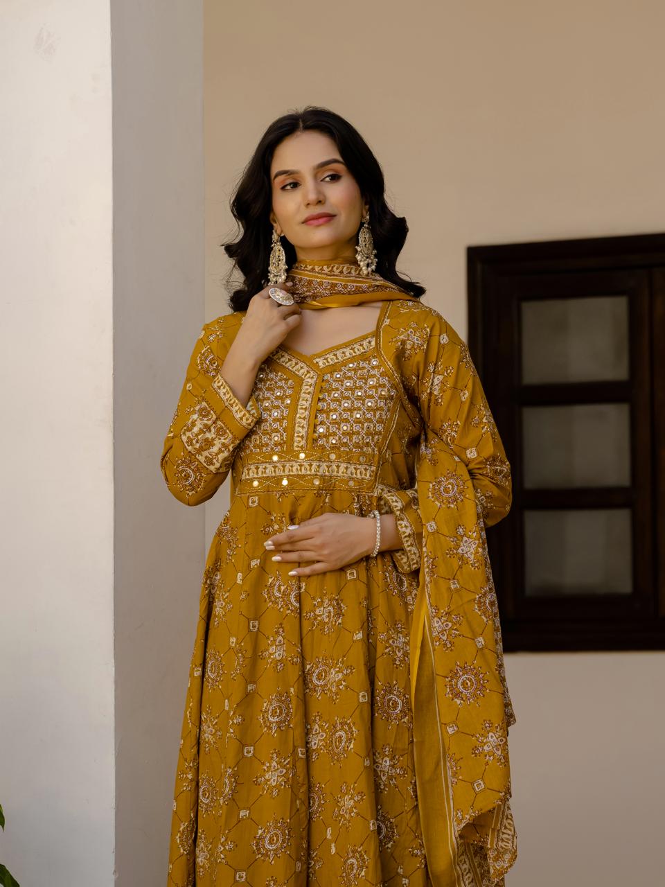 Cotton Gold Yellow Anarkali 3pc Set