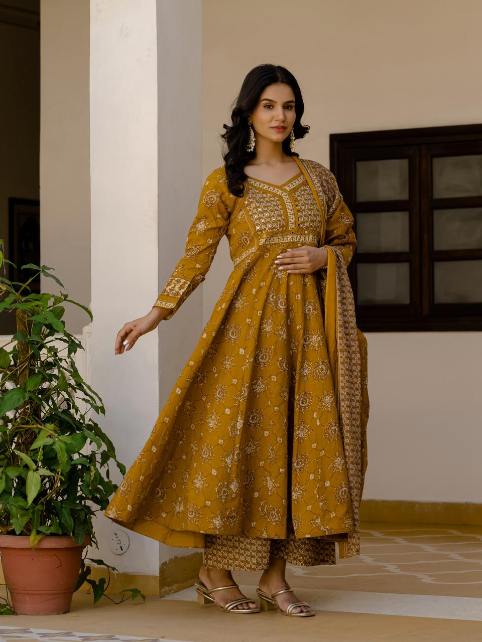 Cotton Gold Yellow Anarkali 3pc Set