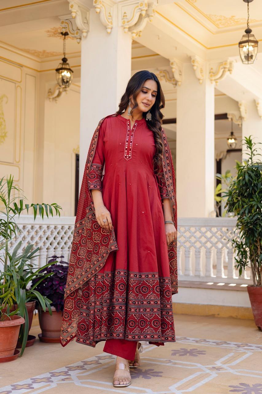 Cotton Maroon Anarkali 3pc Set