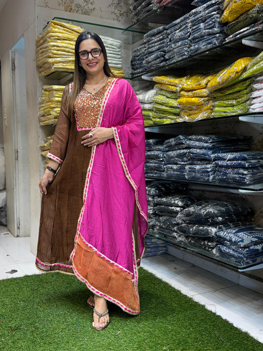Banaras Mull Chanderi Brown Shoulder Anarkali 3pc Set