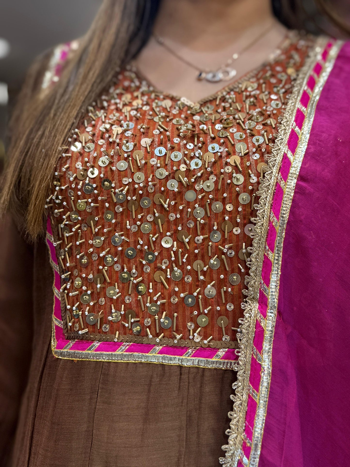 Banaras Mull Chanderi Brown Shoulder Anarkali 3pc Set