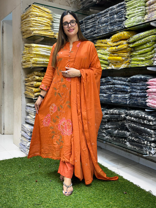 Mull Cotton Orange A-Line Anarkali 3pc Set
