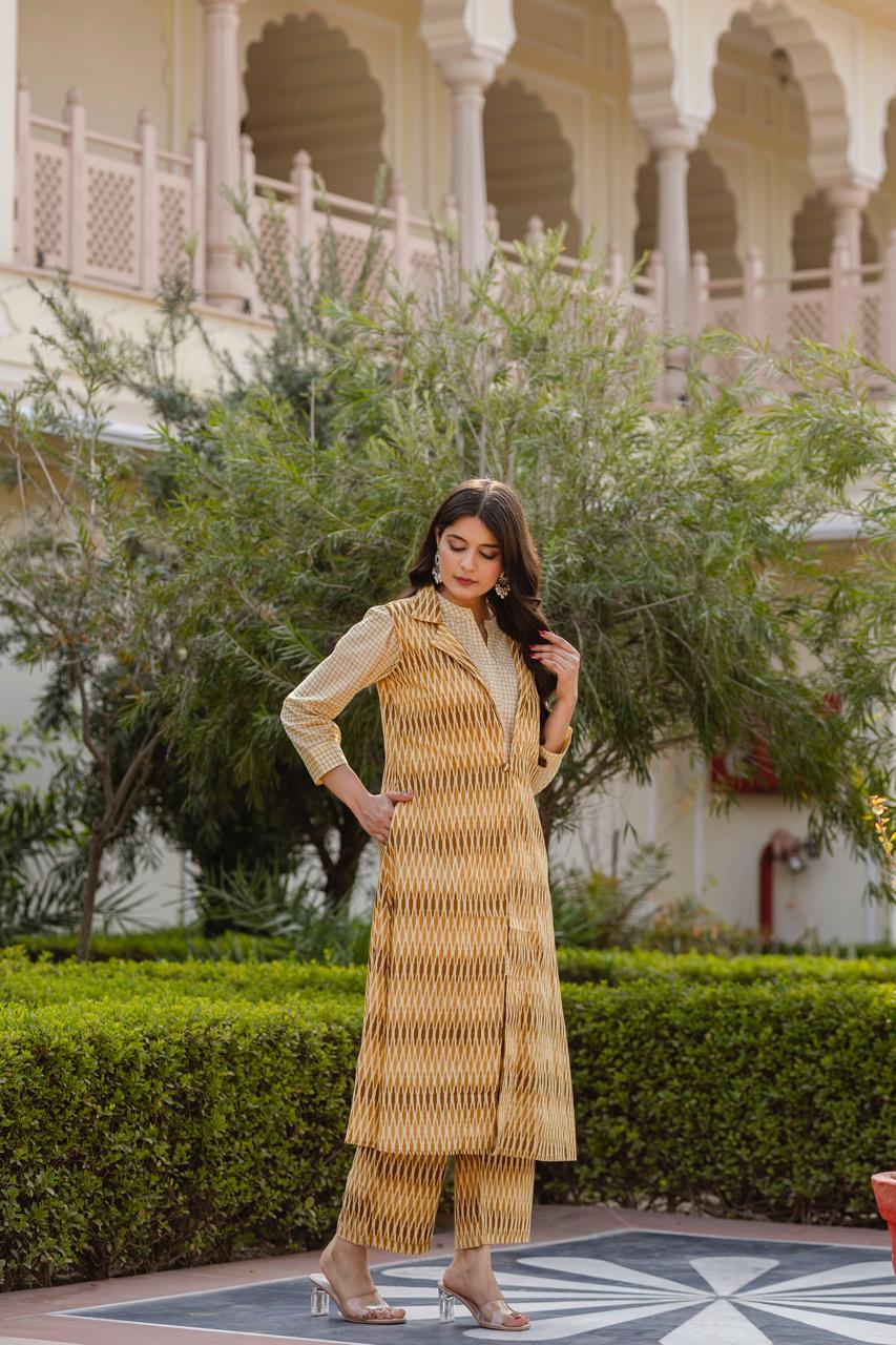 Jaipuri Cotton Yellow 3pc Jacket Set