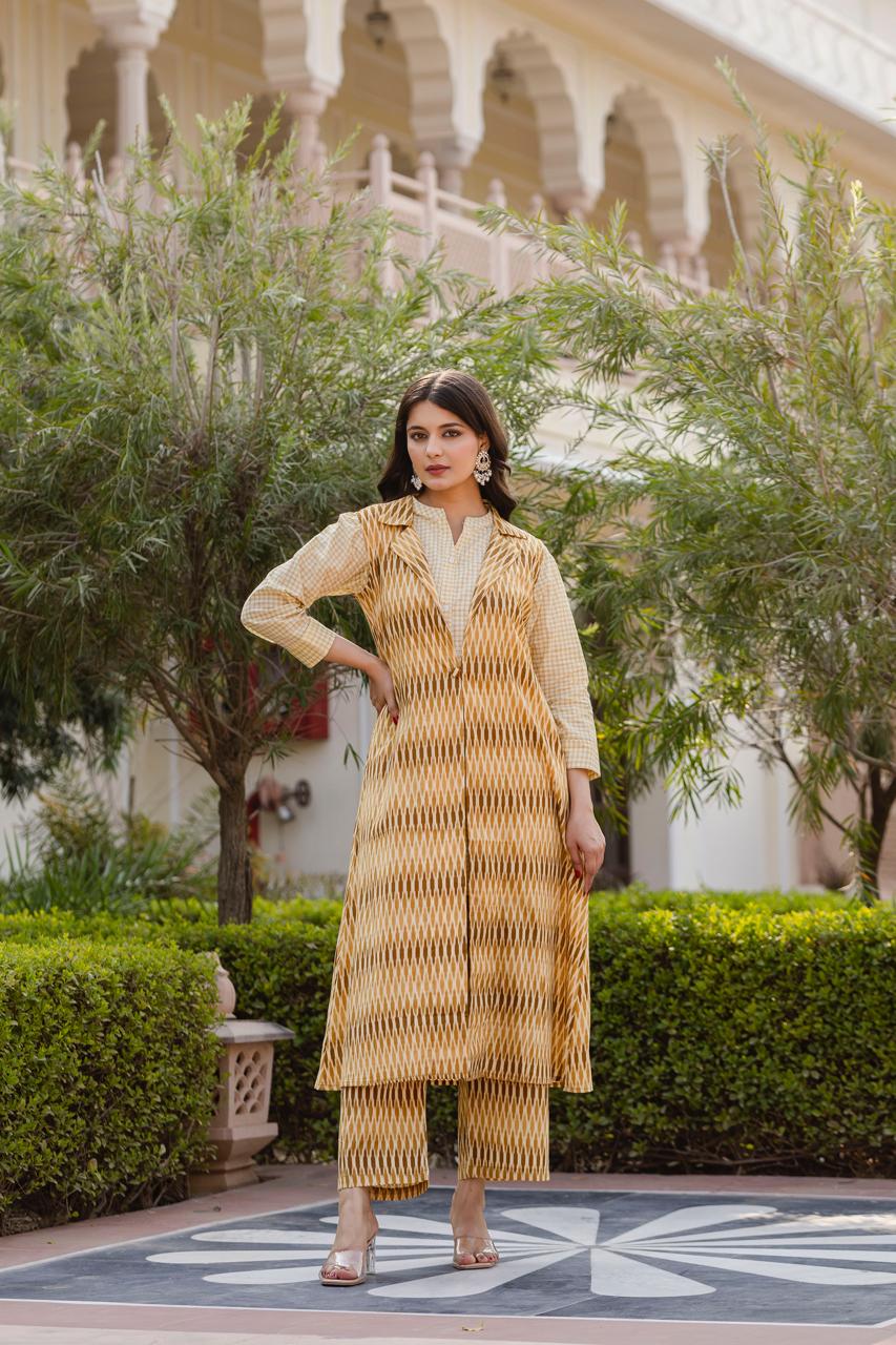 Jaipuri Cotton Yellow 3pc Jacket Set