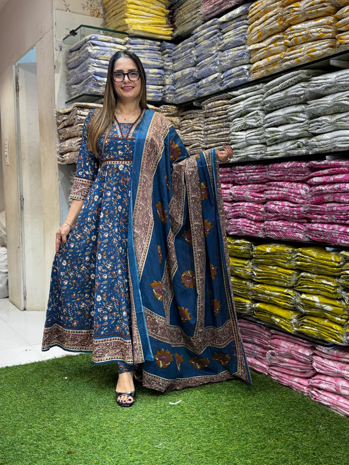 Jaipuri Cotton Blue Anarkali 3pc Set