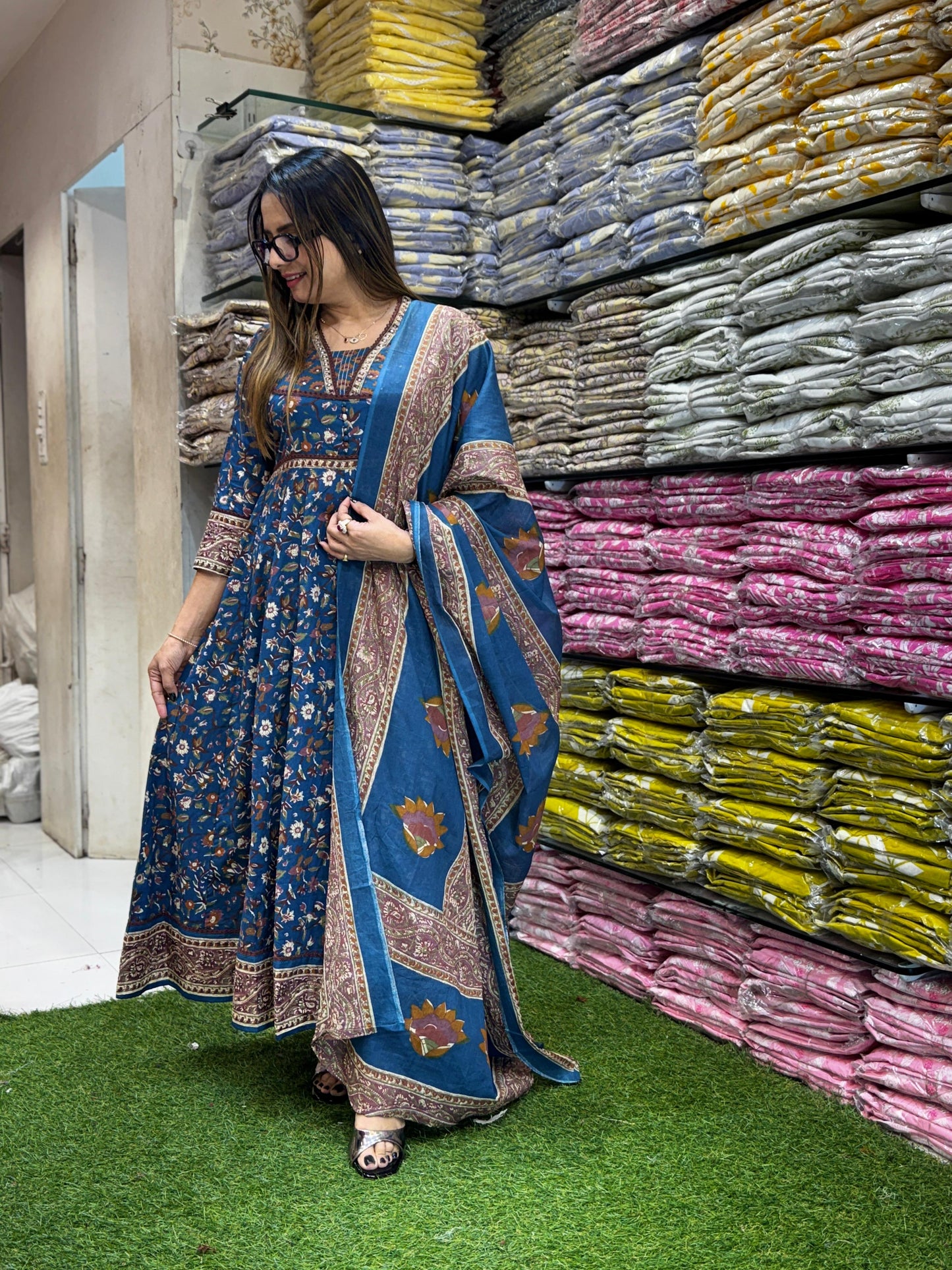 Jaipuri Cotton Blue Anarkali 3pc Set