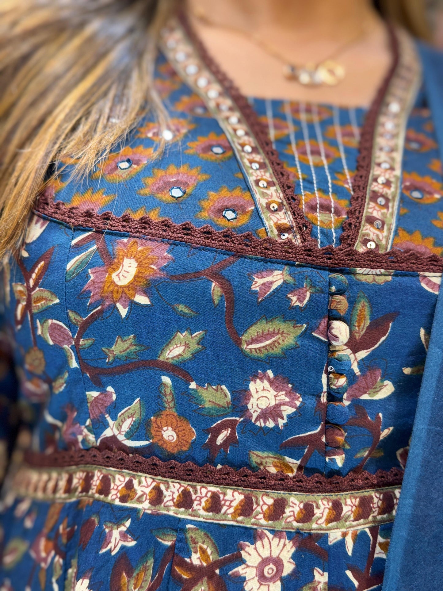 Jaipuri Cotton Blue Anarkali 3pc Set