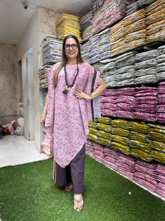 Linen Cotton Purple Kaftan 3pc Set