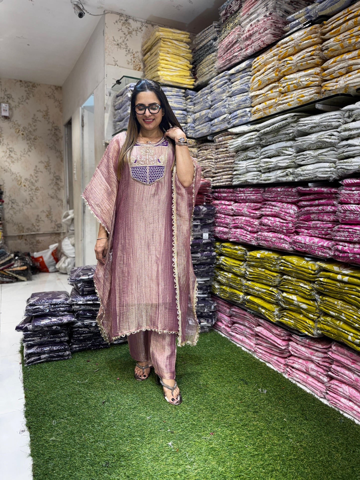 Crush Tissue Purple Kaftan 3pc Set