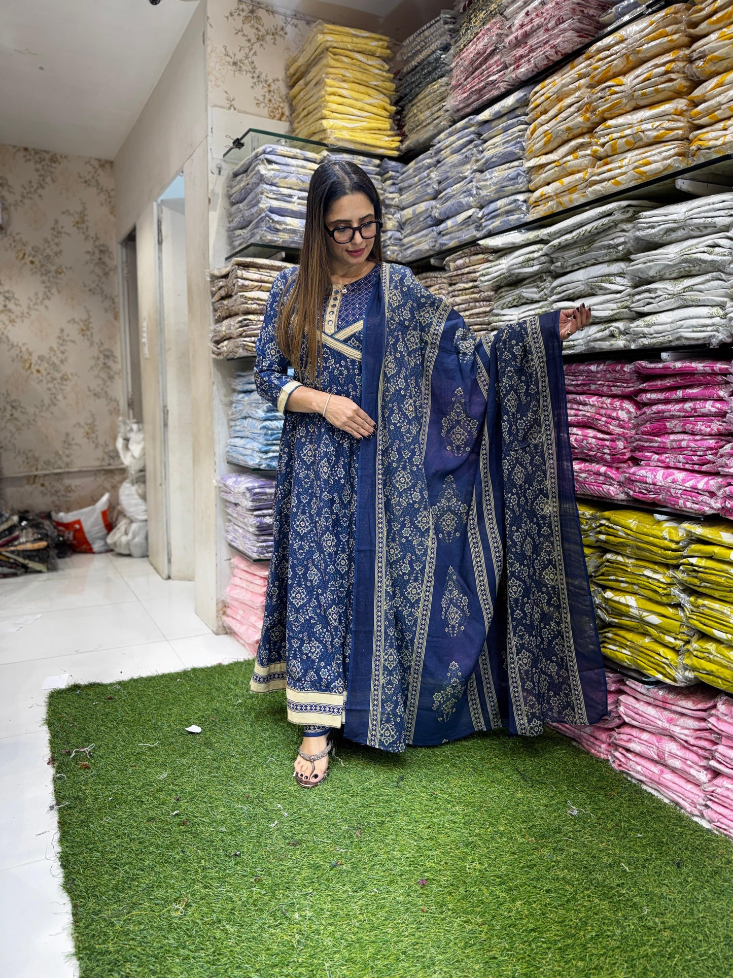 Cotton Blue Anarkali 3pc Set