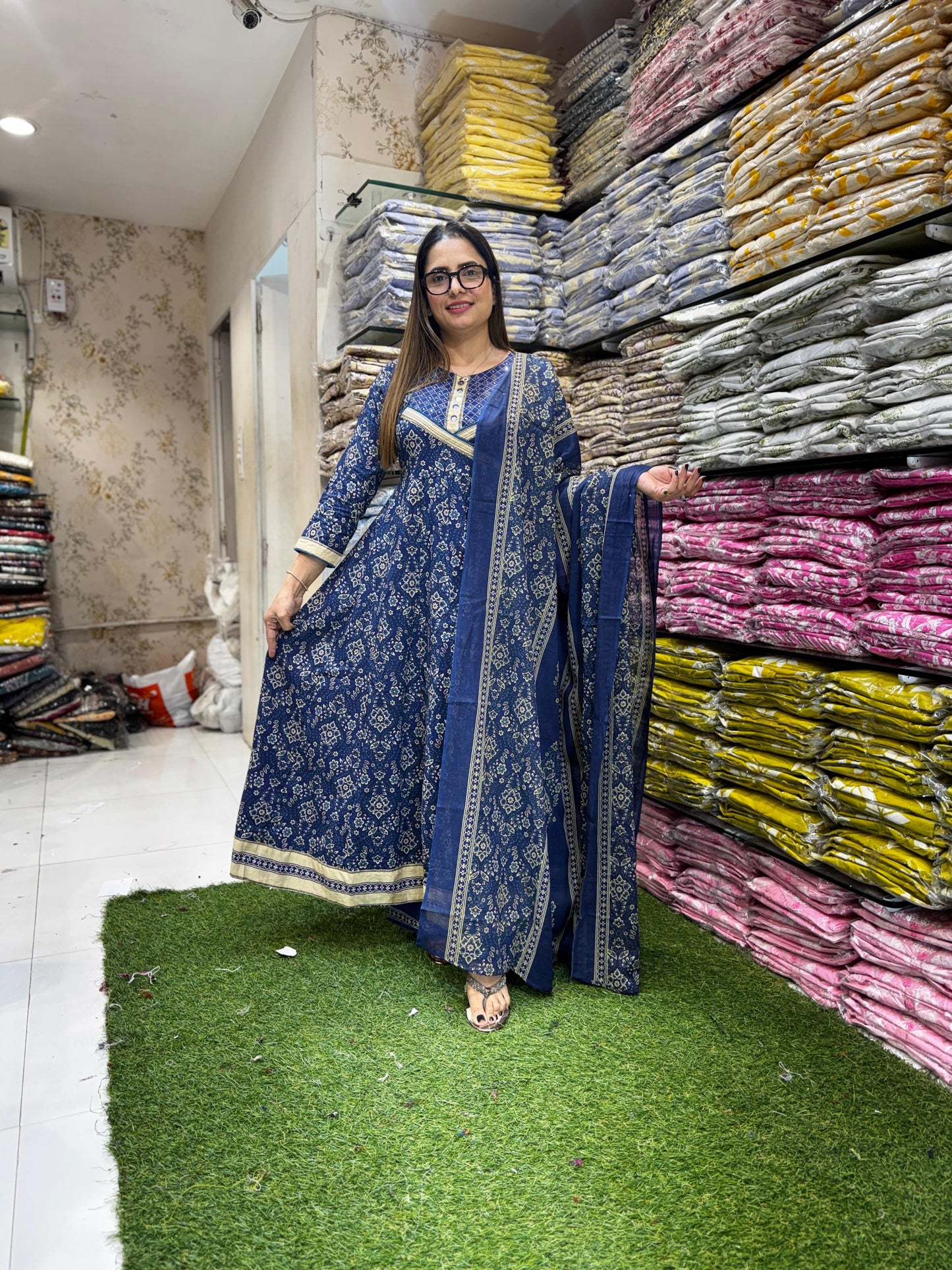 Cotton Blue Anarkali 3pc Set