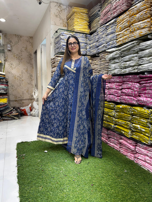 Cotton Blue Anarkali 3pc Set