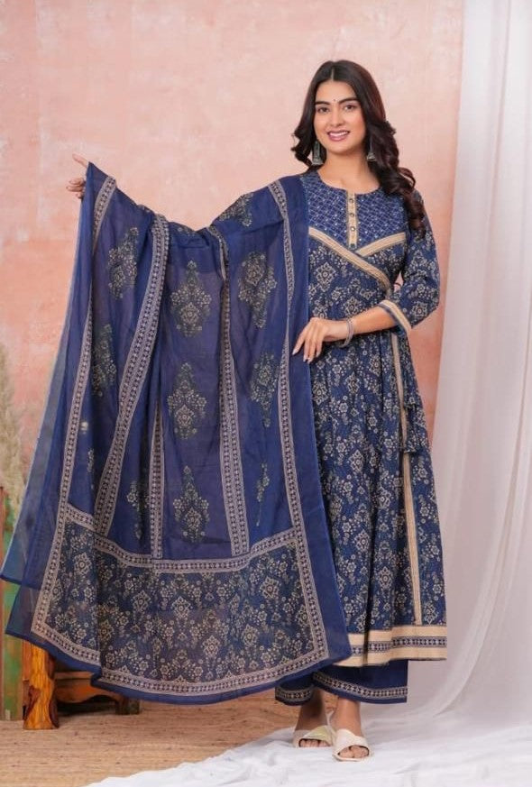 Cotton Blue Anarkali 3pc Set