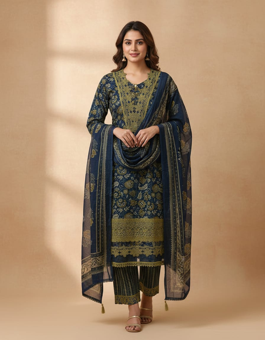 Jaipuri Cotton Pakistani Blue 3pc Set