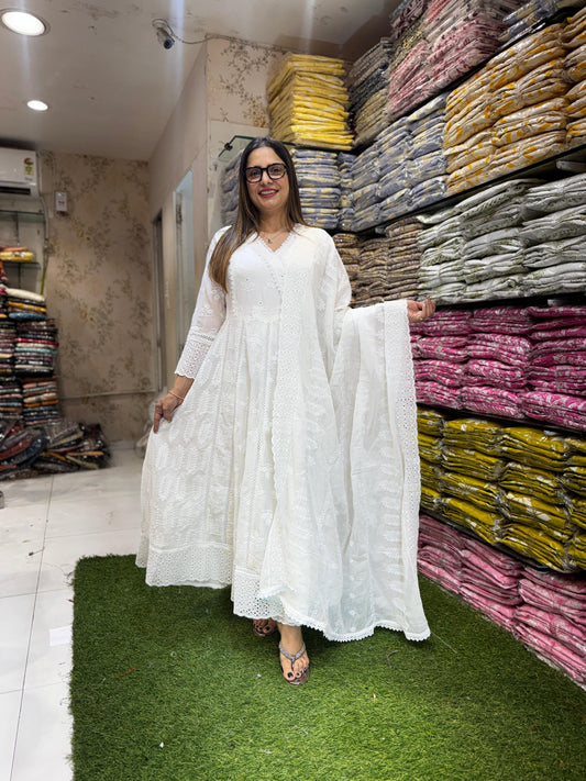 Pure Mull Cotton Pearl White Anarkali 3pc Set