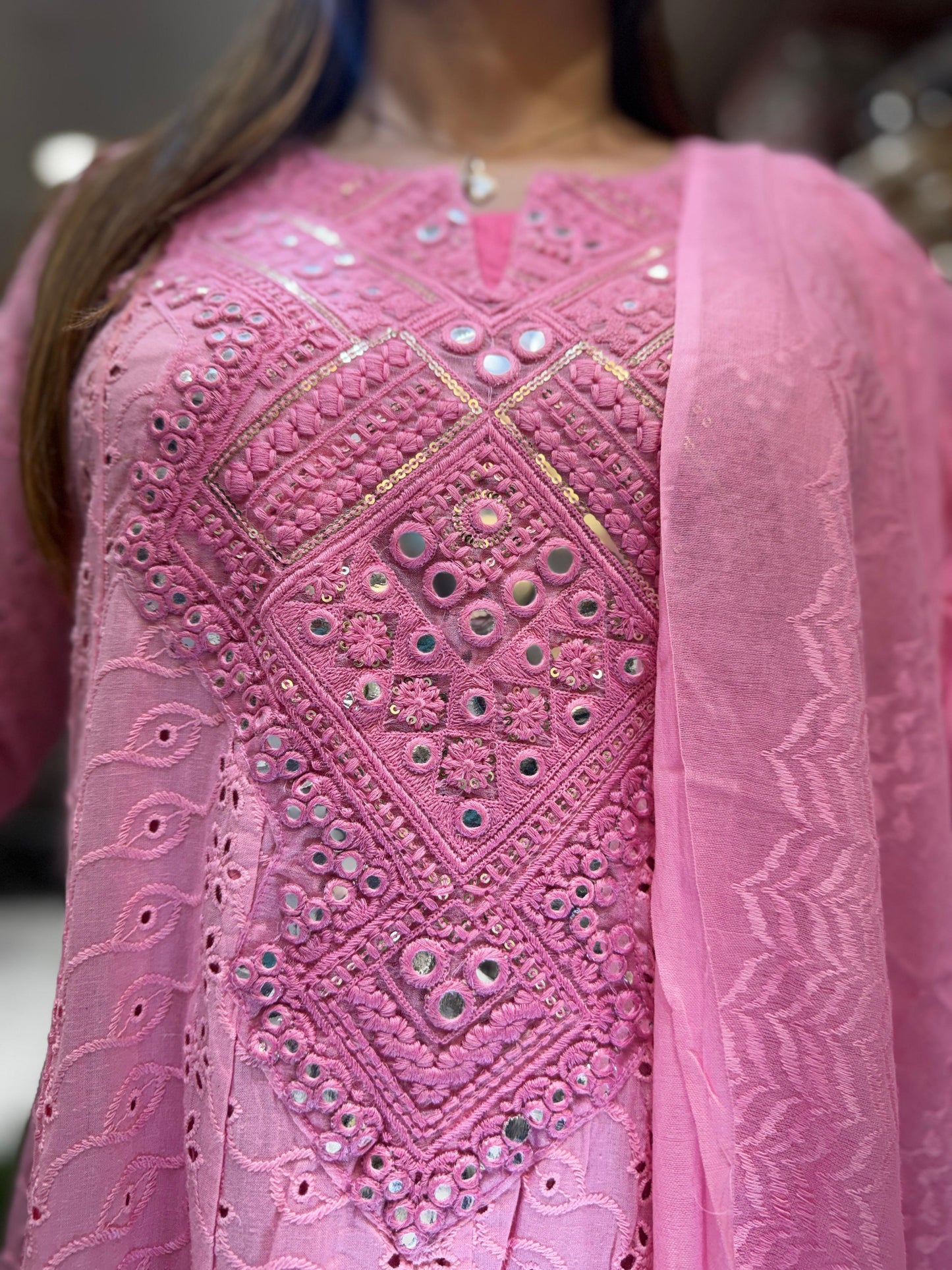 Pure Cotton Anarkali Pink 3pc Set