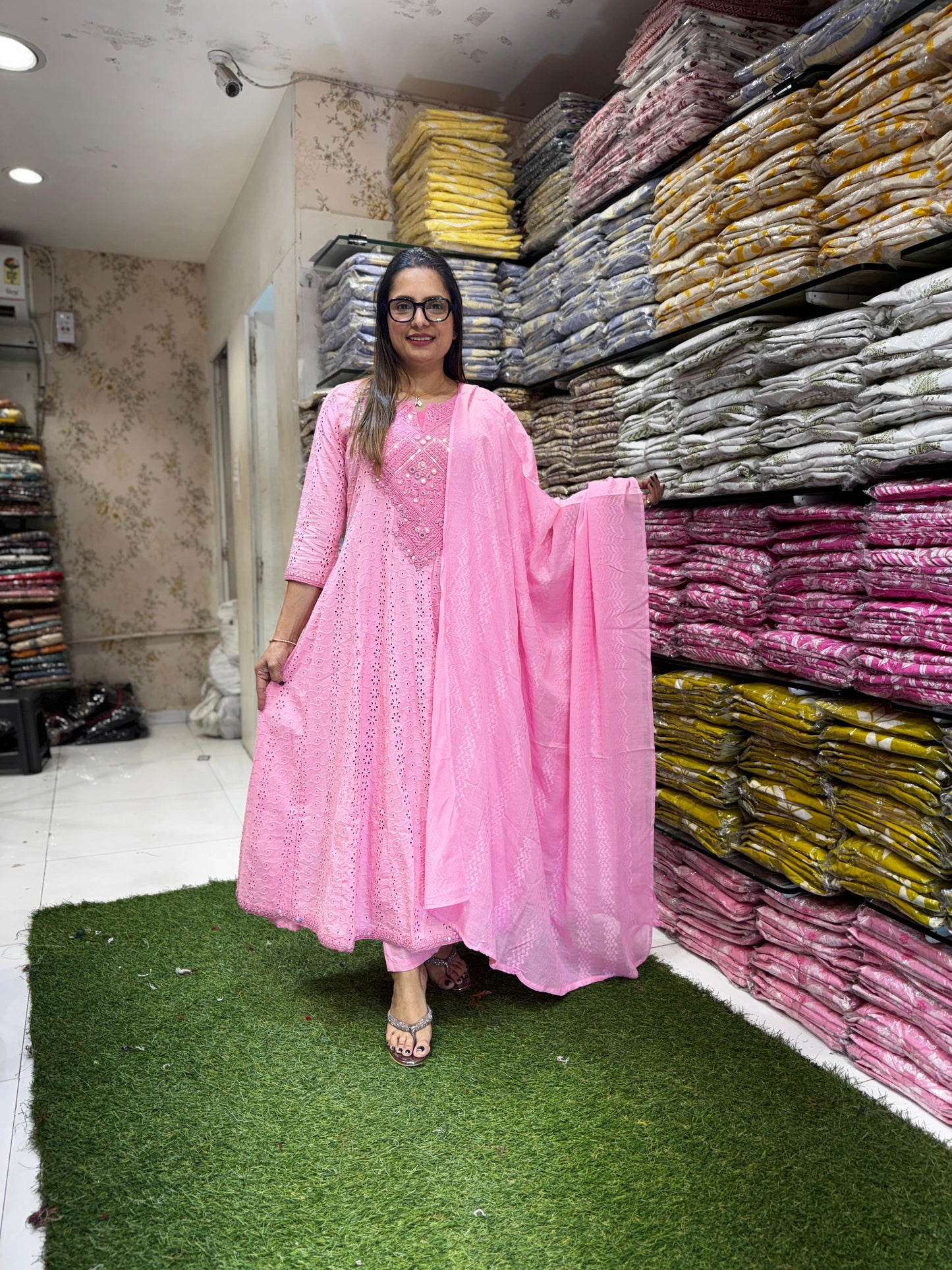 Pure Cotton Anarkali Pink 3pc Set