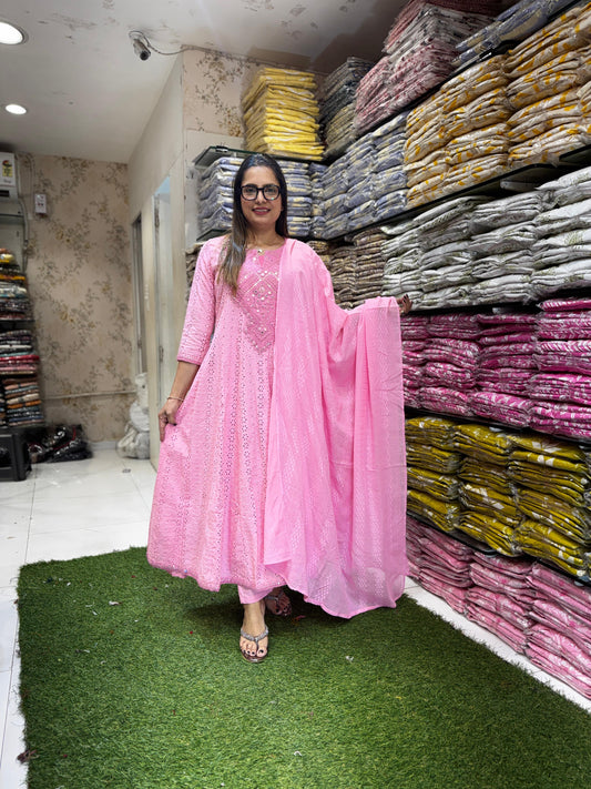Pure Cotton Anarkali Pink 3pc Set