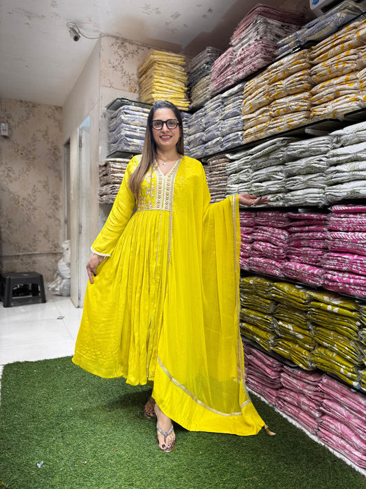 Pure Chinon Yellow Anarkali 3pc Set