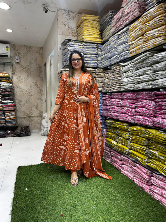 Mull Cotton Rust Orange Anarkali 3pc Set
