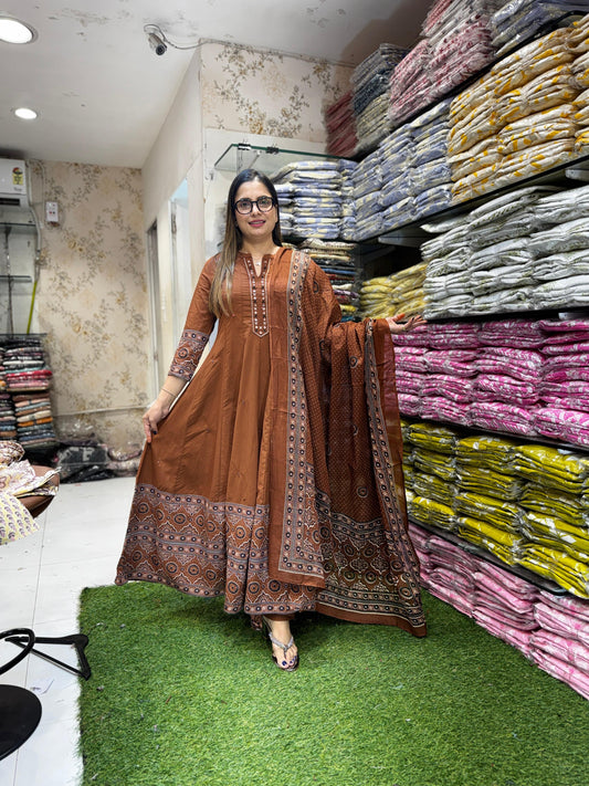 Pure Cotton Brown Anarkali 3pc Set