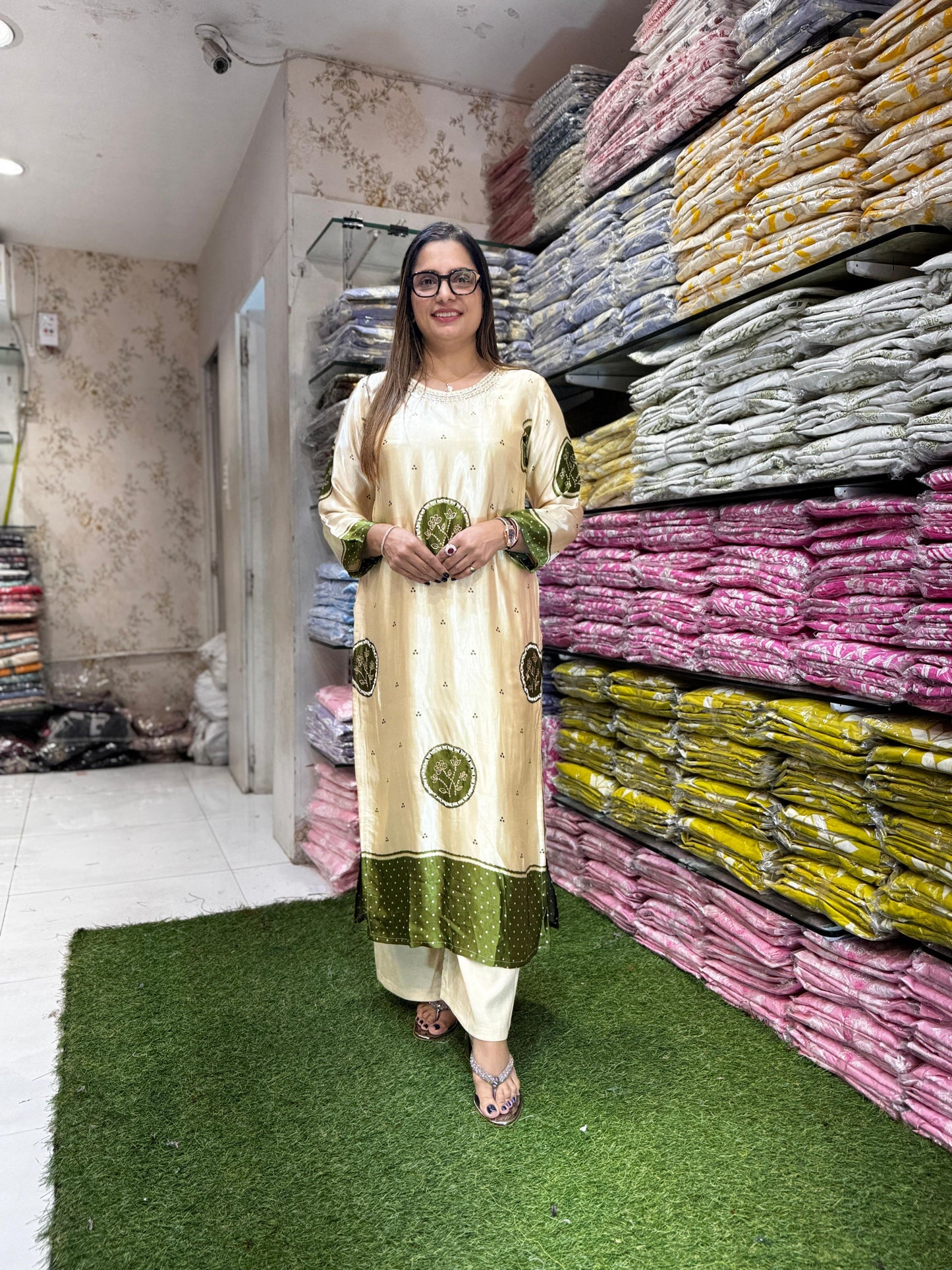 Pure Modal Crep Off White And Green 2pc Set