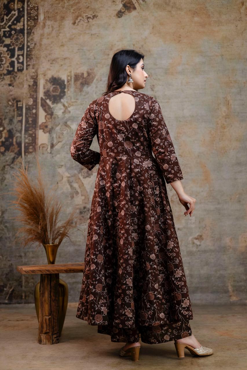 Pure Cotton Brown 24kali Anarkali 3pc Set