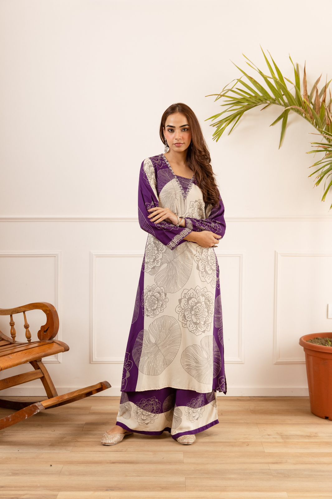 Pure German Rayon Off White And Purple 2pc Set