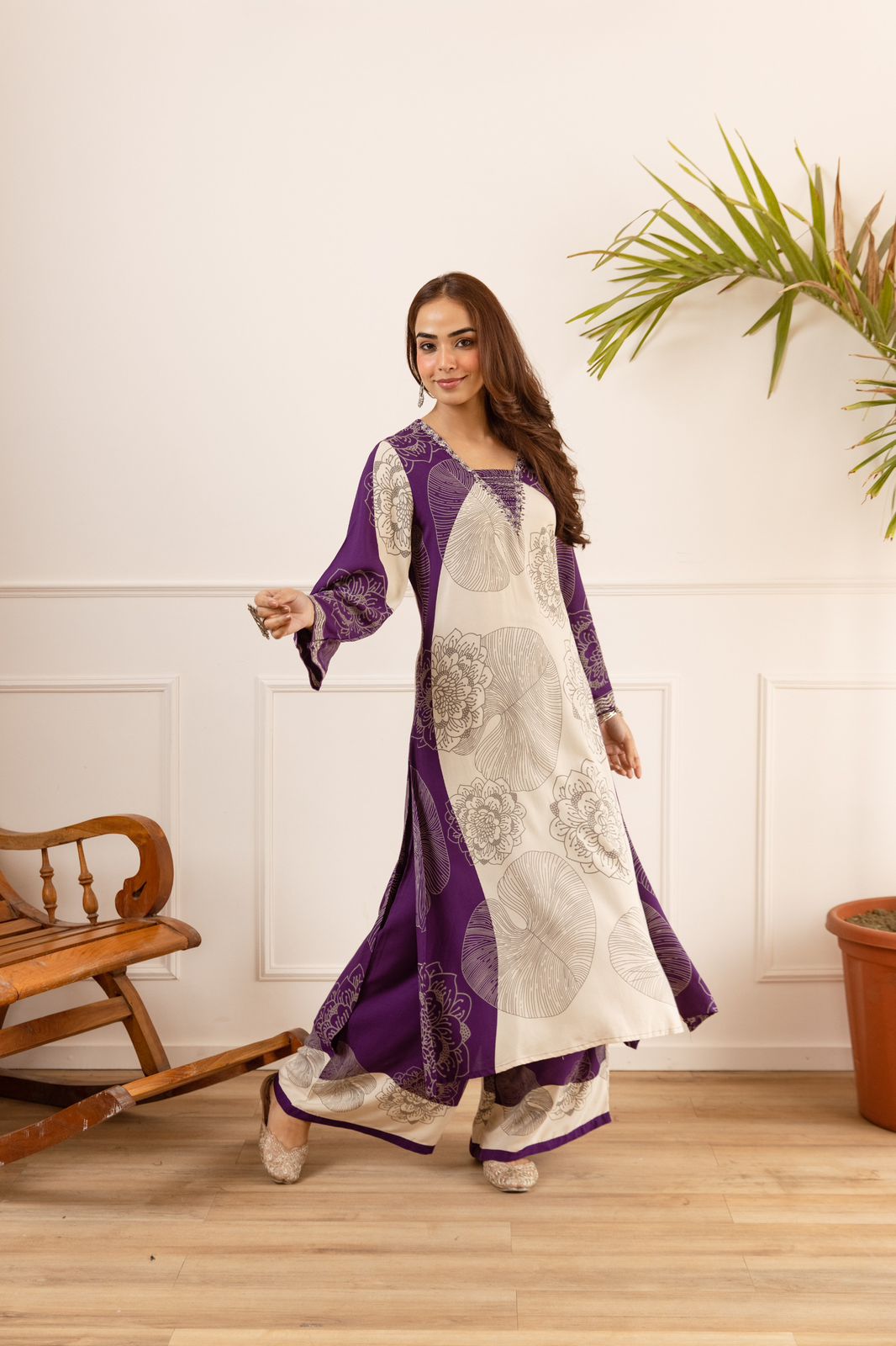 Pure German Rayon Off White And Purple 2pc Set