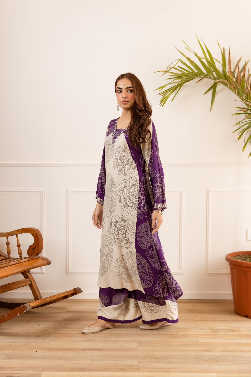 Pure German Rayon Off White And Purple 2pc Set