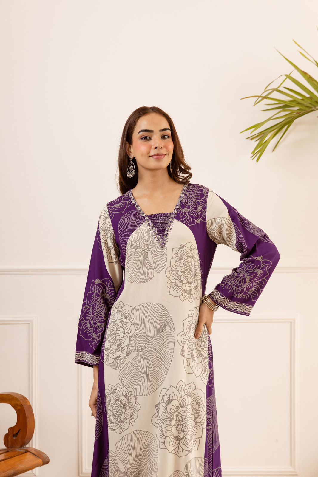 Pure German Rayon Off White And Purple 2pc Set