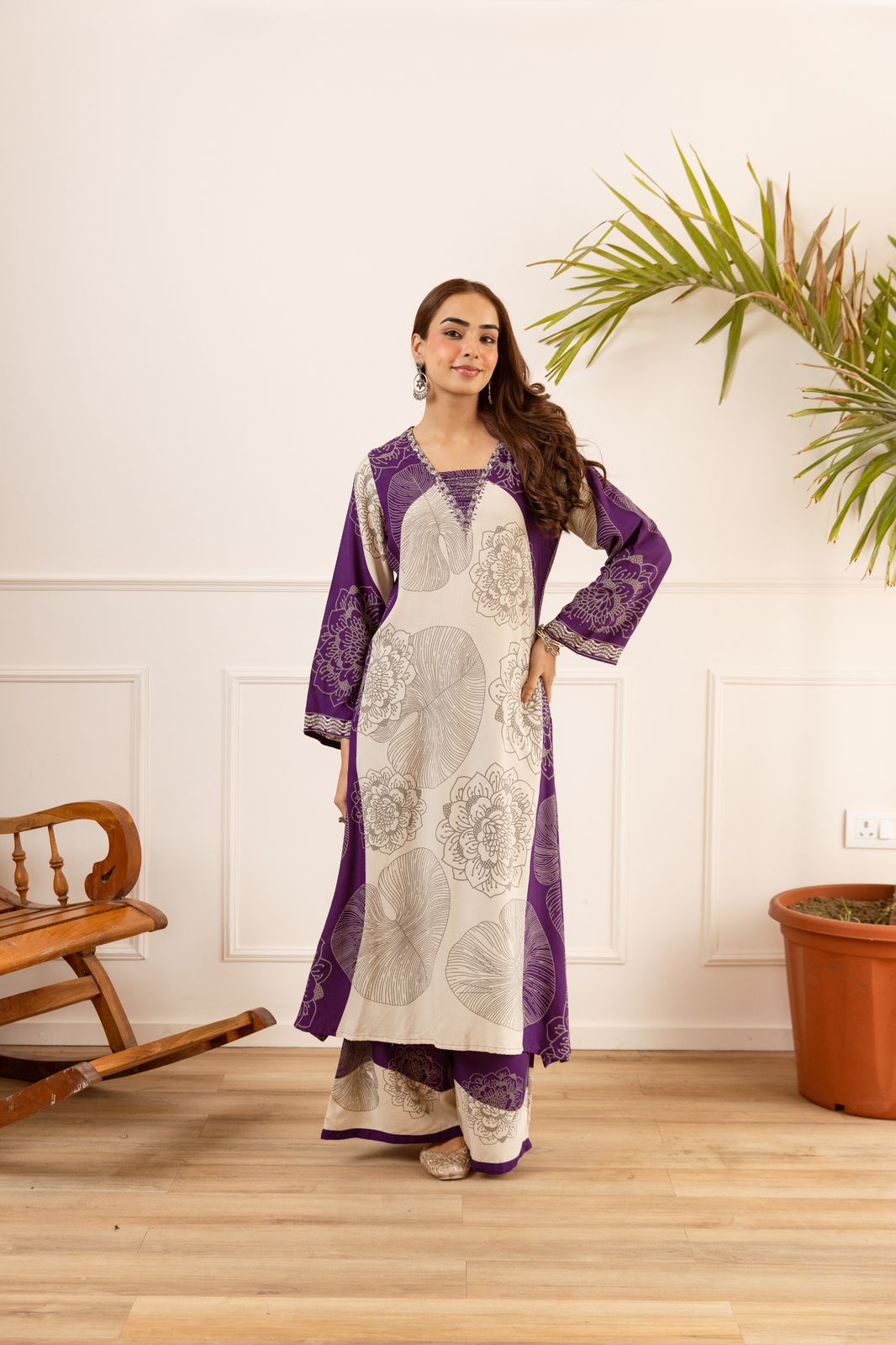 Pure German Rayon Off White And Purple 2pc Set