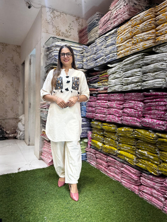 Pure Flex Cotton Off White And Black(Pathani Style) 2pc Set