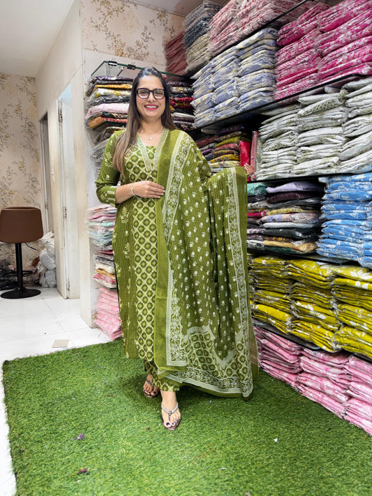 Pure Cotton Mahendi Green 3pc Set